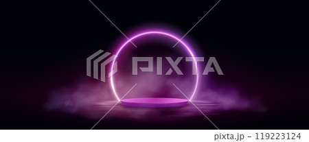 Pink neon circle frame with podium and smoke Pink neon circle frame with podium and smoke 119223124