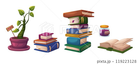 Book tall and small stack and single open Book tall and small stack and single open 119223128