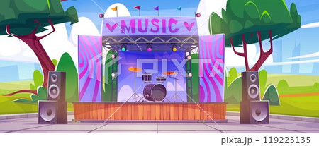Open air music festival in city park with stage 119223135