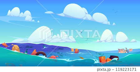Trash floating on water surface in open sea 119223171
