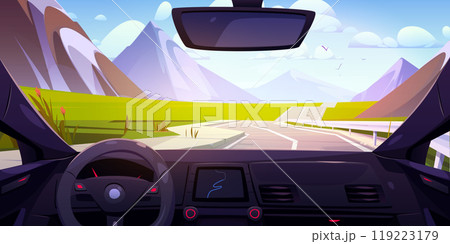 Inside car view drive mountain road illustration Inside car view drive mountain road illustration 119223179
