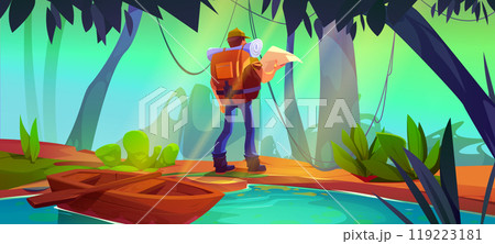 Jungle forest landscape with trees and tourist 119223181