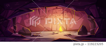 Prehistoric cave with bonfire and drawings on wall Prehistoric cave with bonfire and drawings on wall 119223205