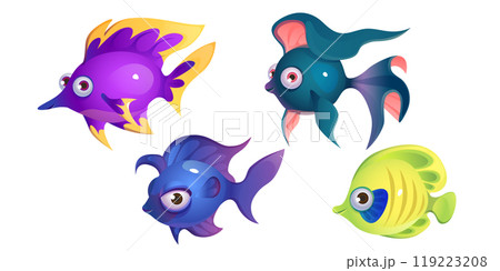 Cute cartoon fish with fin and smiling lips. 119223208
