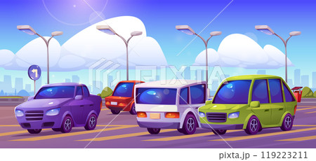 Cars standing on parking lot on city street. 119223211
