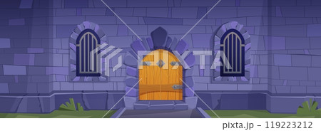 Medieval castle stone wall with wooden close doors 119223212