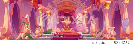 Old abandoned castle hall with king throne. Old abandoned castle hall with king throne. 119223227