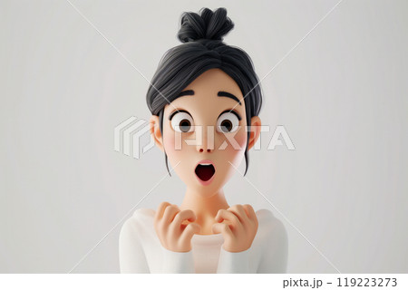 Surprised shocked scared cartoon character young adult woman female person with black hair portrait in 3d style design on light background. Human people feelings expression concept Surprised shocked scared cartoon character young adult woman female person with black hair portrait in 3d style design on light background. Human people feelings expression concept 119223273