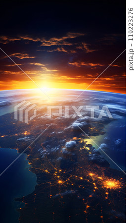 Dark clouds hover above the illuminated earth. Dreamy bird eye view landscape 119223276