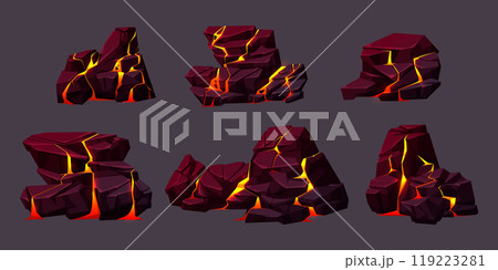 Volcano rocks texture with lava in cracks 119223281