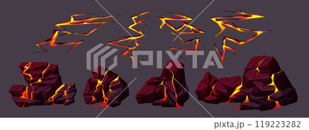 Volcano ground texture with lava in cracks 119223282