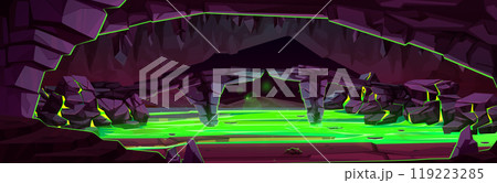 Game background of dark cave with toxic swamp 119223285