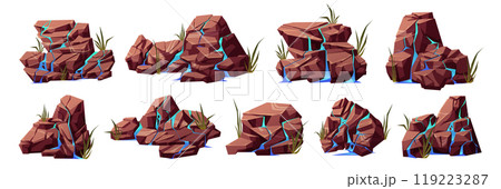 Cartoon set of water streams on cracked stones 119223287