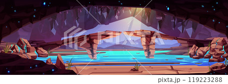 Underground mine cave with water and light ray 119223288