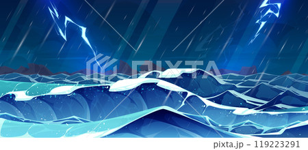 Cartoon stormy seascape, rainfall and lightning 119223291
