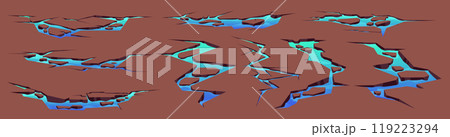 Cartoon set of drought land cracks with water 119223294