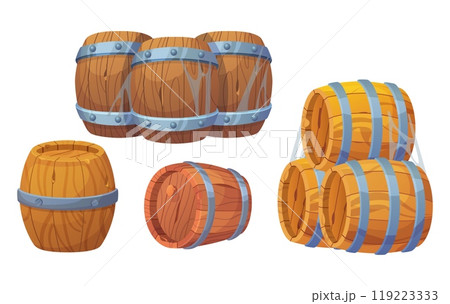 Old wooden barrels with metallic rings Old wooden barrels with metallic rings 119223333