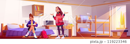Two female students speaking in dormitory bedroom Two female students speaking in dormitory bedroom 119223346
