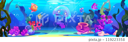 Jellyfish underwater with seaweed illustration 119223358