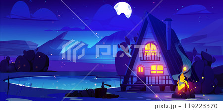 Night landscape with wooden hut near mountains 119223370
