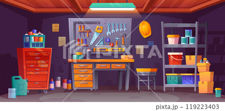 Night workshop interior in garage storage room 119223403
