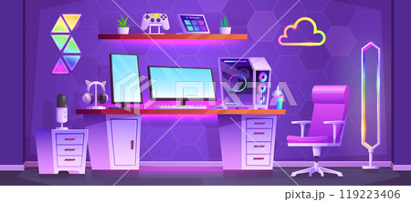 Neon teen streamer room interior with desk and pc Neon teen streamer room interior with desk and pc 119223406