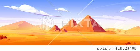 Cartoon sandy desert with antique pyramids Cartoon sandy desert with antique pyramids 119223409