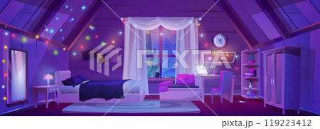 Cartoon attic room interior at night Cartoon attic room interior at night 119223412