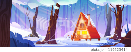 House and tree in winter forest cartoon background House and tree in winter forest cartoon background 119223414