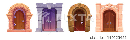 Old wooden doors set isolated on white background 119223431