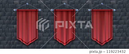 Medieval red cloth banners set on stone background 119223432