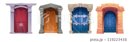 Old medieval castle wooden door 119223438