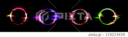 Neon circle frame with glitch effect. Neon circle frame with glitch effect. 119223439