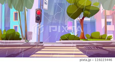 Cartoon rainy city street landscape with sidewalk Cartoon rainy city street landscape with sidewalk 119223446