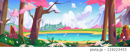 Spring landscape with lake, pink trees, mountains. Spring landscape with lake, pink trees, mountains. 119223455