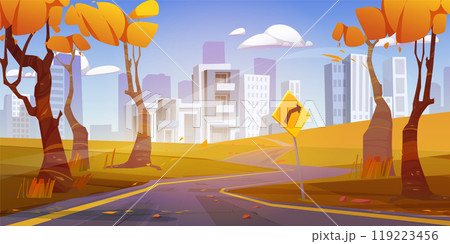 Autumn forest highway to modern city Autumn forest highway to modern city 119223456