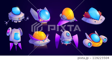 Alien space ship cartoon game vector icon set 119223504