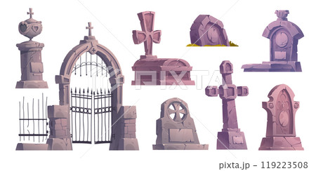 Cartoon set of old cemetery design elements 119223508