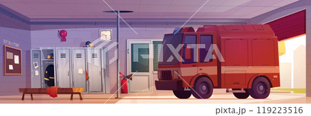 Fire station garage with red truck illustration Fire station garage with red truck illustration 119223516