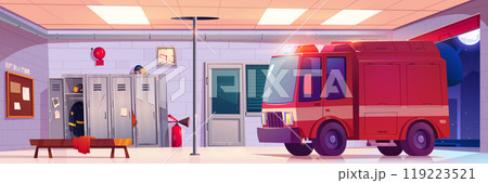 Fire station interior with emergency rescue truck 119223521