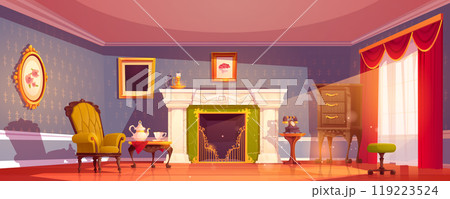 Cartoon royal living room interior with fireplace Cartoon royal living room interior with fireplace 119223524