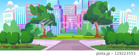 City public park with pathway, green trees, grass 119223553
