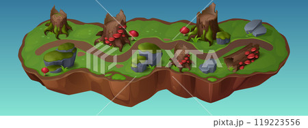 Forest game map with road among tree stump and log Forest game map with road among tree stump and log 119223556
