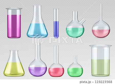 Chemistry laboratory flask with liquid for test 119223568