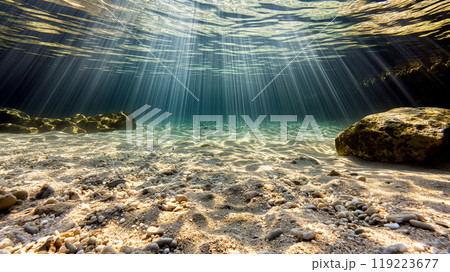 Sunbeams piercing through the clear water illuminating the sandy ocean floor Sunbeams piercing through the clear water illuminating the sandy ocean floor 119223677