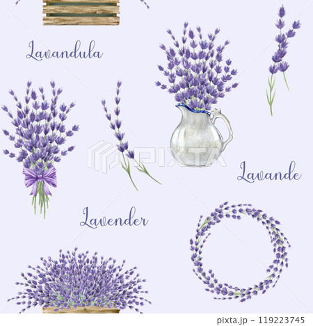 Lavender flower element decor seamless pattern. Watercolor vintage style illustration. Hand drawn organic lavandula herb rustic style decoration. Decorative elements with lavender seamless pattern 119223745