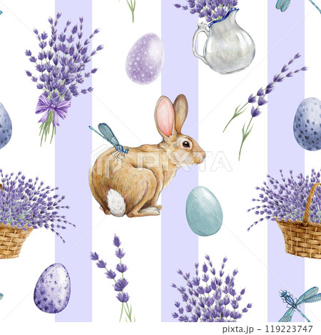 Easter decor seamless pattern with bunny, lavender flowers in tender colors. Watercolor vintage style illustration. Cute little bunny, painted eggs, lavender pattern on striped background 119223747