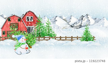 Happy snowman holding fir tree on snowy ground in countryside landscape with mountains. Vintage style illustration. Hand drawn funny snowman holding fir tree in winter landscape covered with snow Happy snowman holding fir tree on snowy ground in countryside landscape with mountains. Vintage style illustration. Hand drawn funny snowman holding fir tree in winter landscape covered with snow 119223748