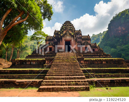 the ancient temple with the background of trees 119224520