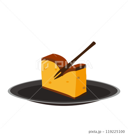 グレーのお皿に乗ったカステラを二股フォークで切ろうとするイラスト 119225100